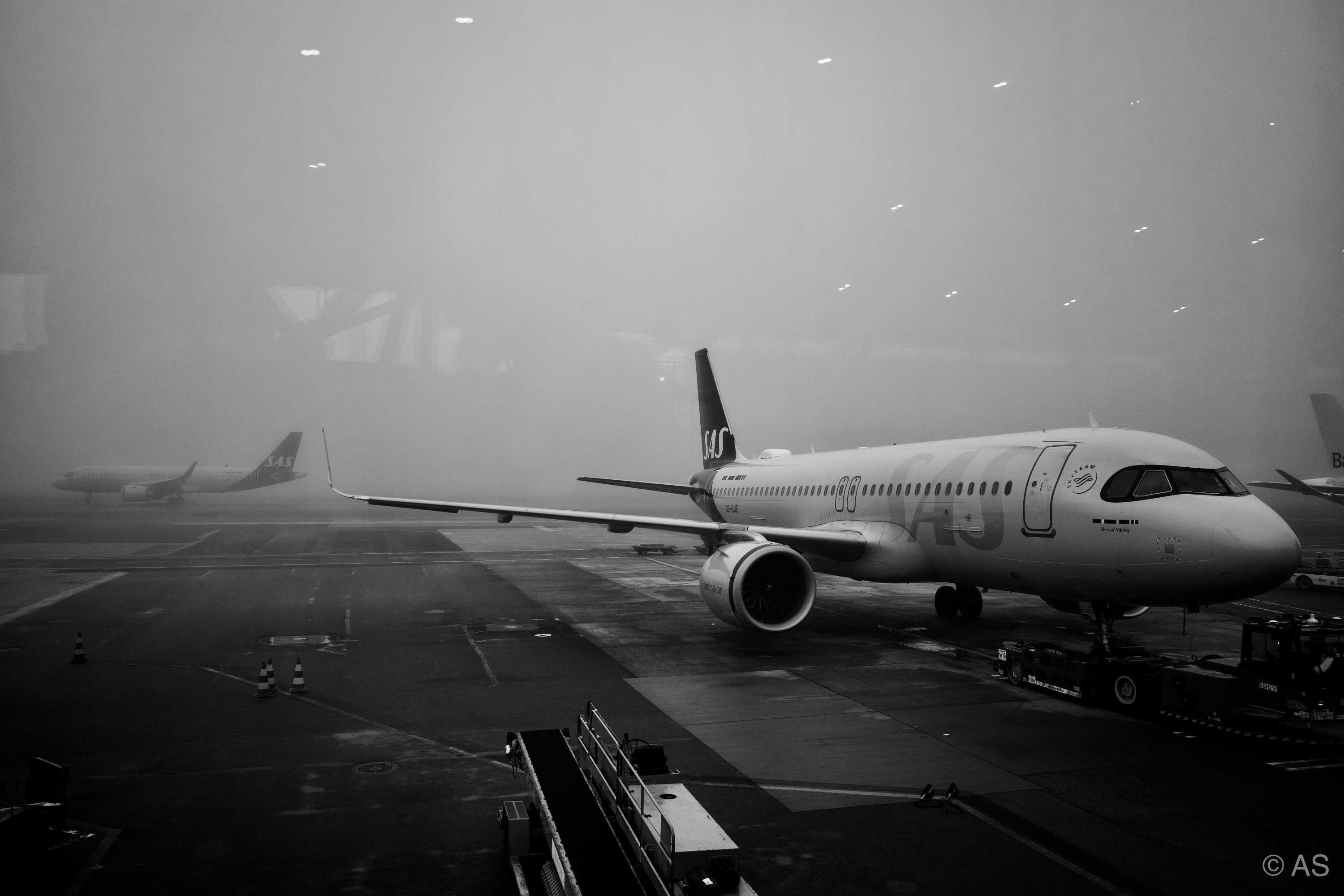 SAS passenger jet on a foggy airport tarmac, swallowed by grey mist